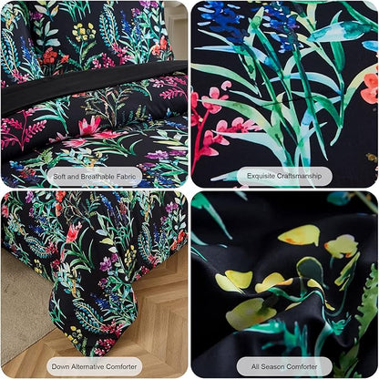 7 Piece Bed in a Bag Floral Comforter Set, Botanical Flowers Comforter and Sheet Set, Soft Microfiber Lightweight Bedding Comforter Set for All Season(Dark Floral, King)