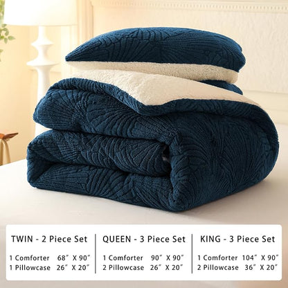 Seashell Jacquard Sherpa Comforter Set Warm Cozy Premium Bedding 3 Pieces, Full/Queen Size Geometric Pattern Quilt Comforter with 2 Pillowcases(90"X90" Dark Blue)
