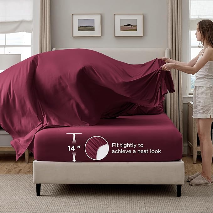 Bedsure Full Size Comforter Sets - Bedding Sets Full 7 Pieces, Pintuck Bed in a Bag Burgundy Bed Set with Comforter, Sheets, Pillowcases & Shams