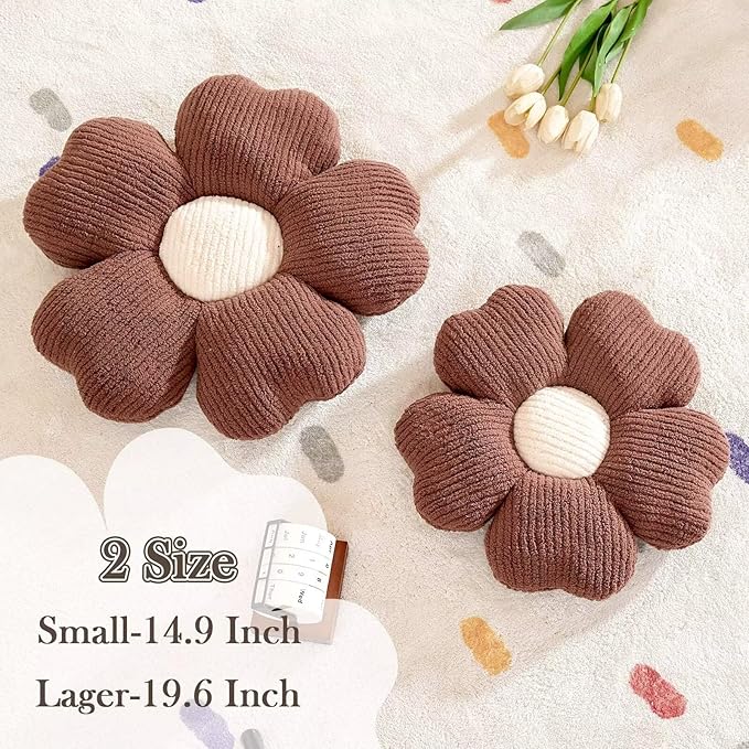 Flower Throw Pillow, Cute Flower Shaped Pillow Decorative Throw Pillow for Bed Couch, Soft Daisy Pillows Floor Seating Cushion Cushions (19.6 Inch Brown)