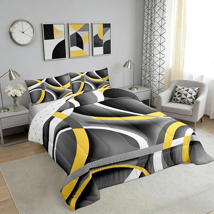 Castle Fairy Retro Circle Comforter Set Queen Size Yellow Gray Black Bedding Set for Kids Boys Girls Bedroom Decoration Stripe Line Art Bed Duvet Insert Geometric Modern Comforter with 2 Pillowcase