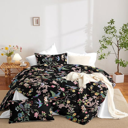 Nayoroom Black Floral Comforter Set Queen Size Blue Pink Bird Flower Botanical Pattern Spring Bedding Set 3 Pieces Soft Lightweight Aesthetic Garden Comforter for All Seasons