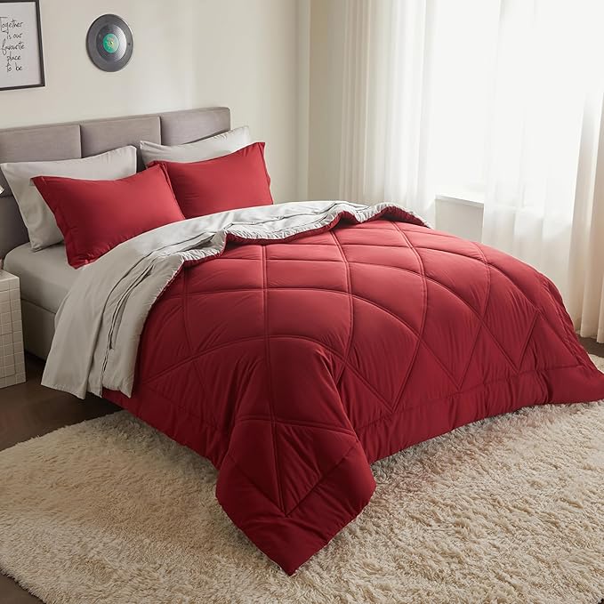 JOIEDOMI Full Size Comforter Set with Sheets Red, 7 Pieces Full Size Bed Set with 1 Down Alternative Comforter, 1 Flat Sheet, 1 Fitted Sheet, 2 Pillowcases and 2 Pillow Shams, Bed in a Bag All Seasons