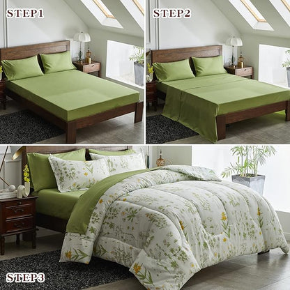 Joyreap 7 Piece Bed in a Bag King, Green Leaves Yellow Flower Botanical Design, Smooth Soft Microfiber Comforter Set (1 Comforter, 2 Pillow Shams, 1 Flat Sheet, 1 Fitted Sheet, 2 Pillowcases)
