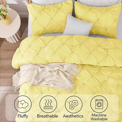 BEDELITE Light Yellow Queen Comforter Set - 3 Pieces Boho Pintuck Bedding Comforter Sets, Lightweight Soft & Warm Bed Comforter Queen with 2 Pillowcases for All Season