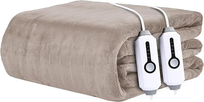 Electric Heated Blanket 90"x100" King Size - 4 Heat Settings & Dual Controllers, 10H Auto Shut Off, Ultra-Soft Coral Fleece Heated Blanket with Overheat Protection, Light Brown