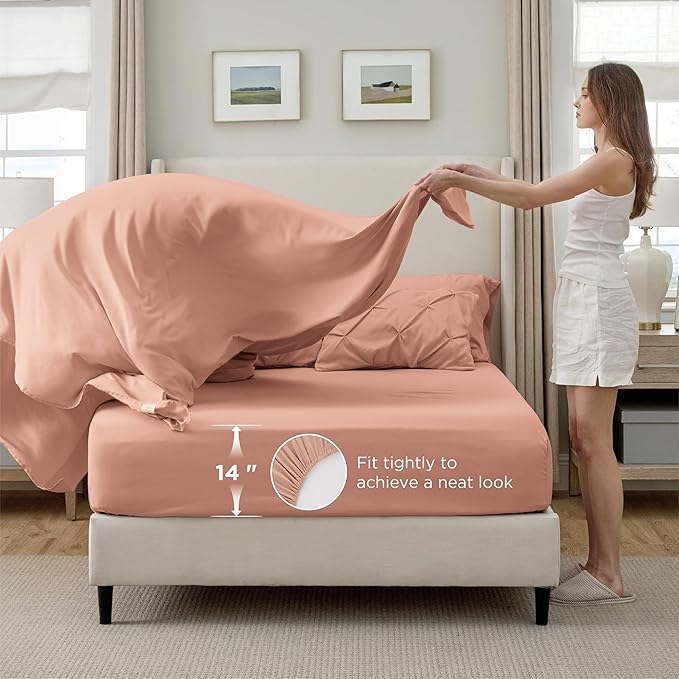 Bedsure Queen Comforter Set Dusty Pink - Bed in a Bag Queen Size Bedding 7 Pieces, GentleSoft™ Pintuck Bed Set Gift for Family, Pinch Pleat All Season Comforter with Sheets, Pillowcases & Shams