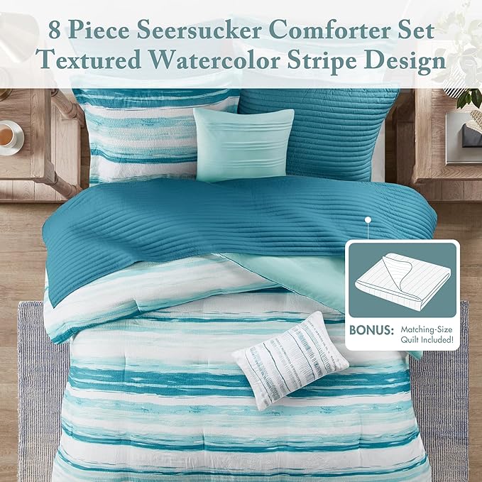 Madison Park Marina Comforter Quilt Combo Set - Modern Luxury Design, All Season Down Alternative Bedding, Matching Shams, Decorative Pillows, King/Cal King(104"x92"), Aqua 8 Piece