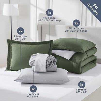 Nestl 7 Piece Queen Comforter Set – Olive Green Reversible Bed in a Bag – Complete Queen Size Bedding Set with Sheets, Pillowcases and Shams