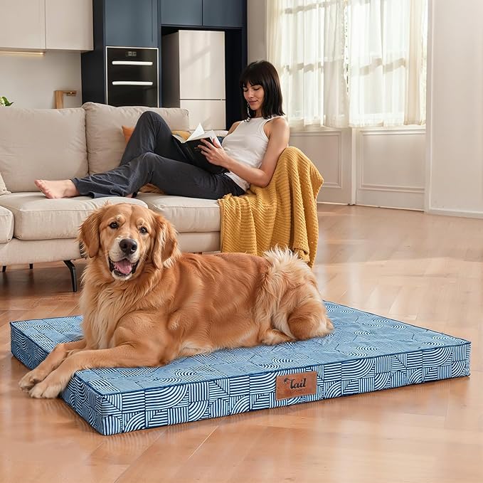 Outdoor Extra Large Dog Bed, Jumbo Waterproof Dog Bed for Large Dogs, Orthopedic Egg Crate Foam Pet Mat with Removable Oxford Cooling Cover, White Blue