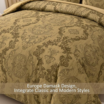 WONGS BEDDING Gold Comforter Set Queen Size, Damask Texture Design 7 Pieces Bed in a Bag Microfiber Comforter Bedding Sets -1 Comforter, 1 Flat Sheet, 1 Fitted Sheet, 2 Pillow Shams, 2 Pillowcases