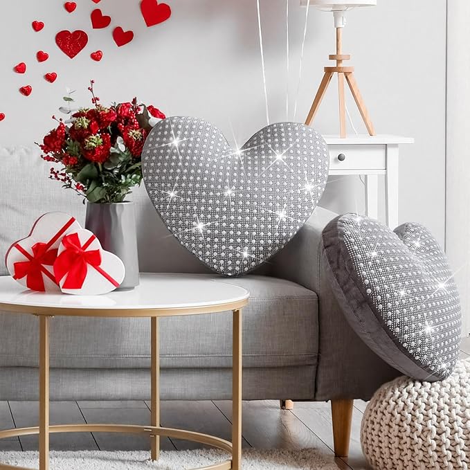 2 Pcs Rhinestones Heart Pillows with Sparkles Faux Crystal Pearls on Velvet Throw Pillow Silver Glitter Heart Cushion for Wedding Decoration Bed Sofa Mom Birthday Gifts, 13.8 x 11.8 Inch