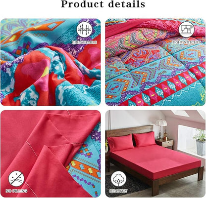 Flysheep Boho Bed in a Bag 7 Pieces King Size, Colorful Bohemian Tribal Pink n Blue Floral Reversible Bed Comforter Set (1 Comforter, 1 Flat Sheet, 1 Fitted Sheet, 2 Pillow Shams, 2 Pillowcases)