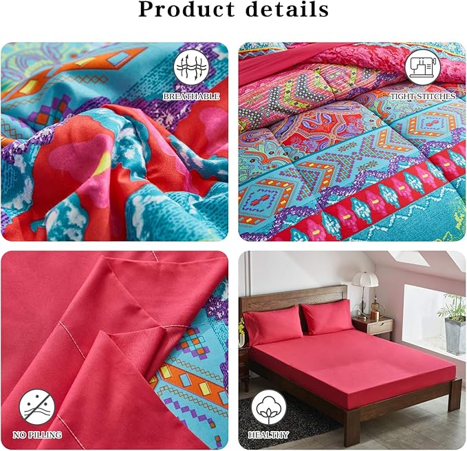 Flysheep Boho Bed in a Bag 7 Pieces Queen Size, Colorful Bohemian Tribal Style Pink n Blue Floral Reversible Comforter Set (1 Comforter, 1 Flat Sheet, 1 Fitted Sheet, 2 Pillow Shams, 2 Pillowcases)