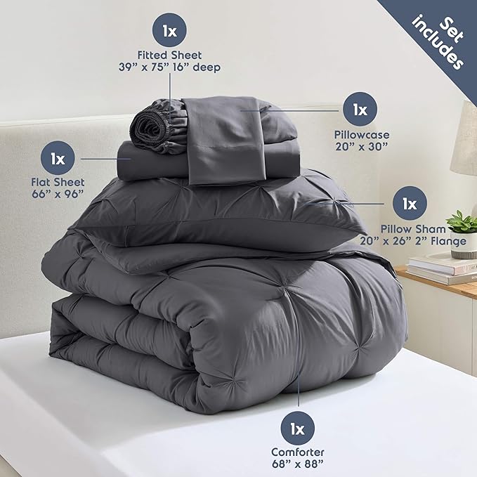 Nestl Twin Comforter Set 5 Piece - Pintuck Twin Bedding Set Dark Grey, College Dorm Room Essentials for Girls and Boys Bed in a Bag Twin All Season, Twin Comforter Set with Sheets, Pillowcase and Sham