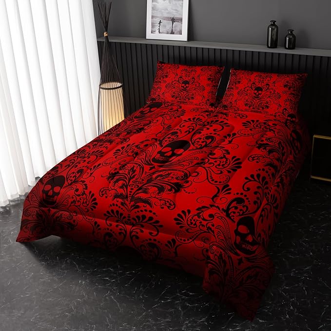 Adults Red Gothic Comforter Set Twin Size,Vintage Damask Floral Bedding Set 3Pcs,Bohemia Bedding Set Goth Skull Printed Quilted Set for Teens Adult with 1 Comforter and 2 Pillowcase