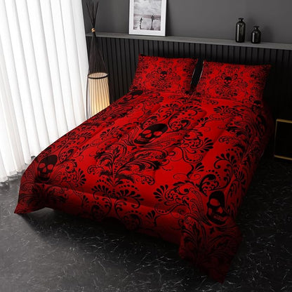 Adults Red Gothic Comforter Set Twin Size,Vintage Damask Floral Bedding Set 3Pcs,Bohemia Bedding Set Goth Skull Printed Quilted Set for Teens Adult with 1 Comforter and 2 Pillowcase