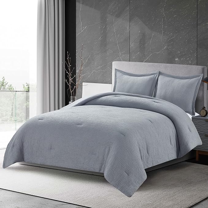 Chezmoi Collection Wilmer 3-Piece Waffle Weave Comforter Set - Soft and Cozy All Season Bedding Set, King, Gray