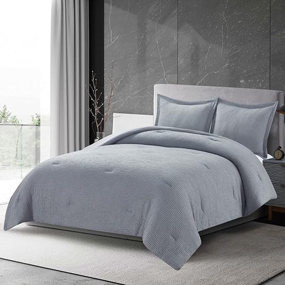 Chezmoi Collection Wilmer 3-Piece Waffle Weave Comforter Set - Soft and Cozy All Season Bedding Set, King, Gray