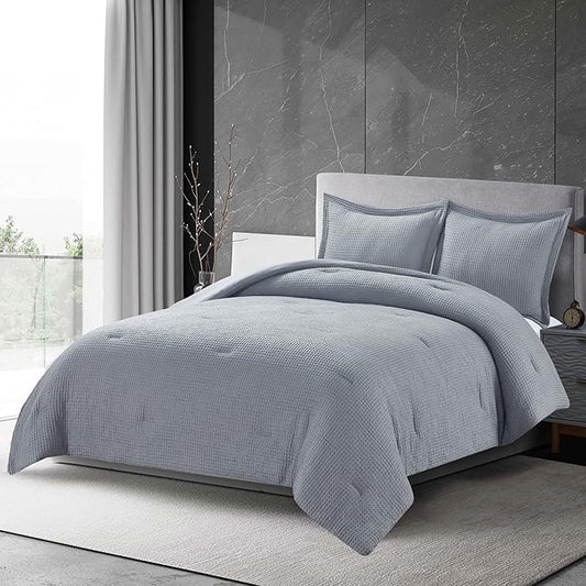 Chezmoi Collection Wilmer 3-Piece Waffle Weave Comforter Set - Soft and Cozy All Season Bedding Set, King, Gray