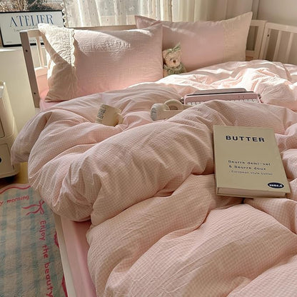 mixinni Light Pink Gingham Comforter Set Twin XL - 3 Piece Soft Washed Microfiber Plaid Bedding Set with Lace Trim, All Seasons Fluffy Comforter & Pillowcases, Farmhouse French Country Aesthetic