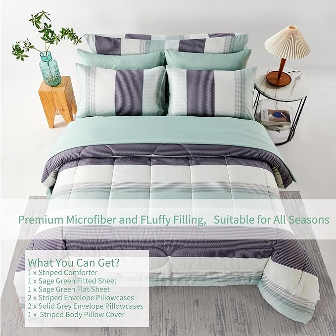 RYNGHIPY Sage Green Striped Comforter Set, Geometric Lightweight Soft Bedding Set, All Season Down Alternative Men Boy Comforter with Sheets Pillowcses (Queen,Sage Green)