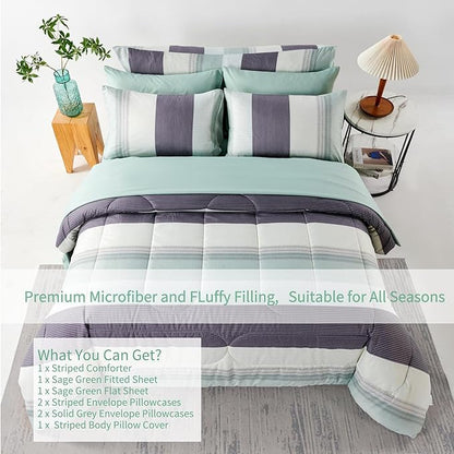 RYNGHIPY Sage Green Striped Comforter Set, Geometric Lightweight Soft Bedding Set, All Season Down Alternative Men Boy Comforter with Sheets Pillowcses (Full,Sage Green)