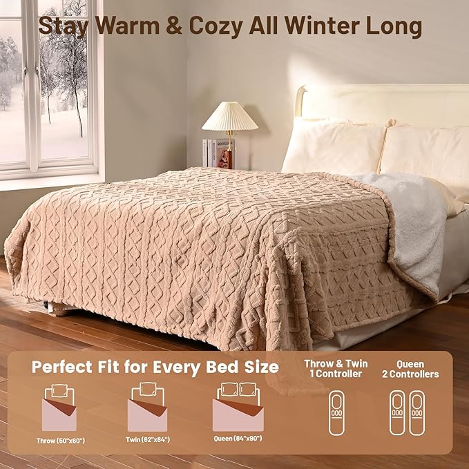 Heated Throw Blanket Electric 50"x60" - Soft Sherpa Throws with 9 Heat Levels and 1-10 Hour Timer, Machine Washable, Cozy Couch Blanket for Home & Office, Christmas & House Warming Gifts - Beige