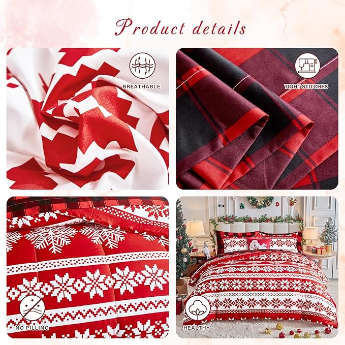 Tititada Christmas Red Bed in a Bag 7 Pcs King Size, Striped Snowflake Pattern Printed Bedding Comforter Set Warm for Winter(1 Comforter, 1 Flat Sheet, 1 Fitted Sheet, 2 Pillow Shams, 2 Pillowcases)