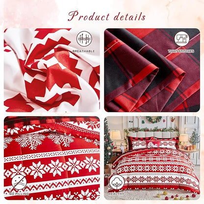 Tititada Christmas Red Bed in a Bag 7 Pcs King Size, Striped Snowflake Pattern Printed Bedding Comforter Set Warm for Winter(1 Comforter, 1 Flat Sheet, 1 Fitted Sheet, 2 Pillow Shams, 2 Pillowcases)