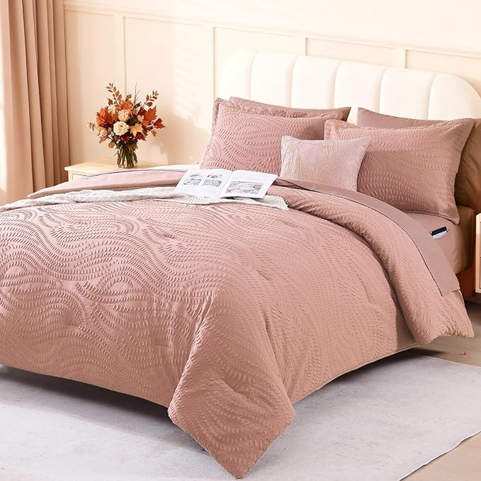 Geniospin Twin Comforter Set - 5 Pieces Dusty Pink Bedding Set, Botanical Textured Comforter Bed Set, All Season Lightweight Bed in a Bag with Comforter, Sheets, Pillowcases & Shams