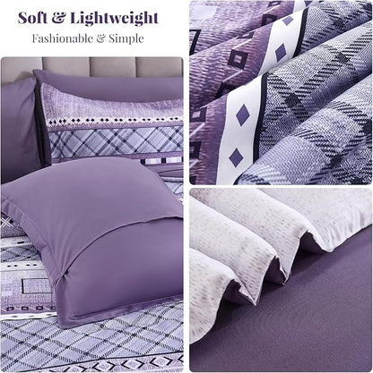 WONGS BEDDING 8 Piece King Size Comforter Set, Texture Striped Bed in a Bag Purple Comforter and Sheet Set, Boho Lightweight Microfiber Bedding Set for All Season (90"×104")