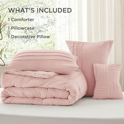Bedsure Twin Comforter Set - 3 Pieces Pinch Pleat Bed Set, Light Pink Boho Bedding for All Season, 1 Soft Comforter, 1 Pillowcase, 1 Decorative Pillow