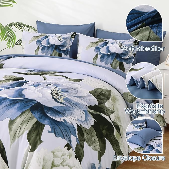 Dobuyly Blue Queen Comforter Set 7 Piece Bed in a Bag Queen, Blue Floral Print on Light Blue Comforter Set with Sheets, Soft Microfiber Complete Bedding Set for All Season