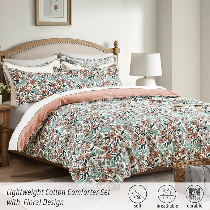 Elegant Blush Floral Cotton Comforter King Size - 3PC Lightweight Bedding Sets with Ultra-Soft Alternative Fill, Cozy Tropical Bloom Reversible Design (1 Comforter, 2 Pillowshams)