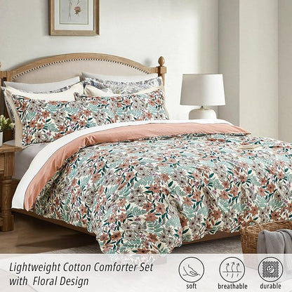 Elegant Blush Floral Cotton Comforter King Size - 3PC Lightweight Bedding Sets with Ultra-Soft Alternative Fill, Cozy Tropical Bloom Reversible Design (1 Comforter, 2 Pillowshams)