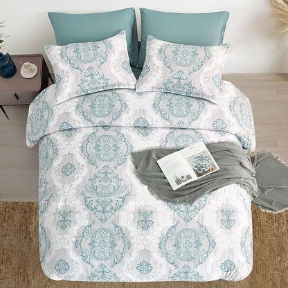 WONGS BEDDING Aqua Comforter Set King Size, Damask Texture 7 Pieces Bed in a Bag Microfiber Bohemian Comforter Bedding Sheet Set with Comforter, Flat Sheet, Fitted Sheet, Pillow Shams, Pillowcases