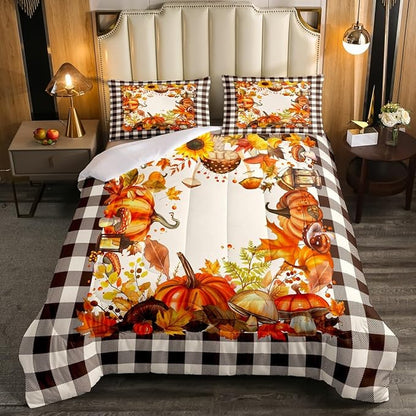 Buffalo Plaid Pumpkins Mushrooms Bedding Set King,Vintage Fall Harvest Theme Comforter Set For Home Bedroom,Autumn Maple Leaves Sunflower Comforter Thanksgiving Gifts Quilt Orange Black White 3 Pcs