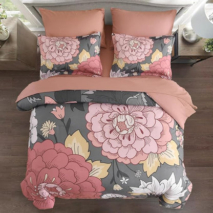 DJY Floral Comforter Set King Size - Grey Pink Bed in a Bag 7 Pieces Blush Botanical Boho Comforter with Sheet Set, Soft Microfiber Complete Bedding Set All Season (Pink/Grey, 104''x90'')
