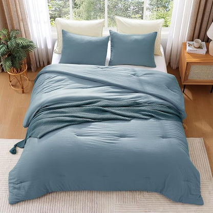 WRENSONGE Queen Comforter Set - 3 Pieces Prewashed Dusty Blue Comforter Soft Lightweight for All Seasons,Down Alternative Comforters Queen Size with 2 Pillow Shams