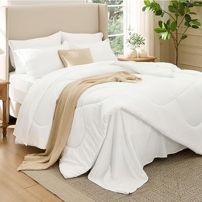 Bedsure 7 Pieces Full Comforter Set Premium Series, Hotel Luxury Soft Bed in a Bag, Goose Down Alternative, Safe for Sensitive Skin Bedding Comforter All Season Medium Warmth, White Wavy Quilted