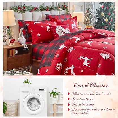 Christmas Bed in a Bag 7 Pcs Queen Size, White Deer Snowflake and Xmas Tree on Red Bedding Comforter Set Warm for Winter(1 Comforter, 1 Flat Sheet, 1 Fitted Sheet, 2 Pillow Shams, 2 Pillowcases)