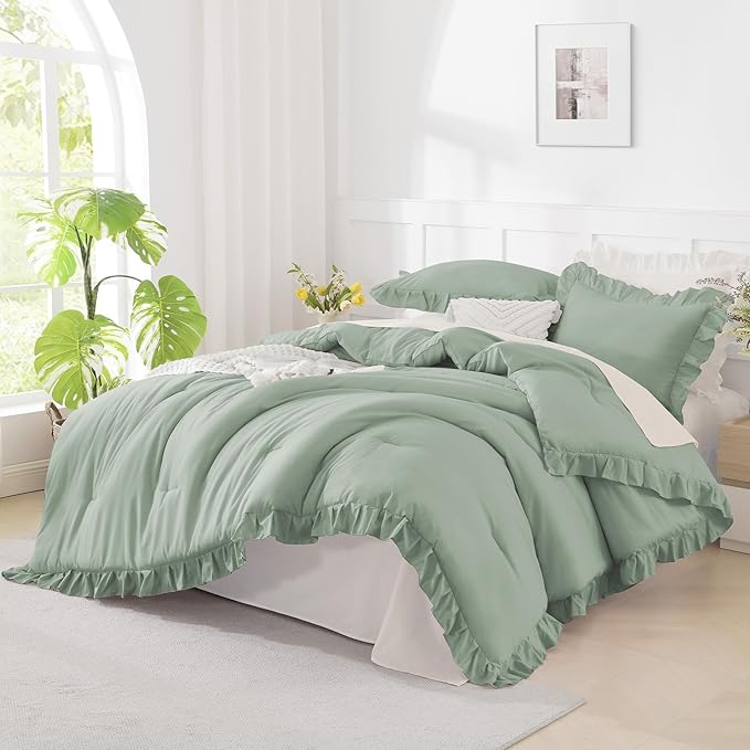 Andency Sage Green California King Comforter Set, 3 Pieces Farmhouse Shabby Chic Cal King Size Ruffle Bed Set, Oversized Soft Lightweight Microfiber Bedding Set
