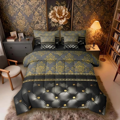 Golden Damask Bed in a Bag King Size Comforter Set 7 Pieces,Luxury Black Diamond Texture Bohemian Bedding Sets Victorian Decor Gothic Vintage Floral Comforter and Sheet Set, Baroque Goth Bed Sets