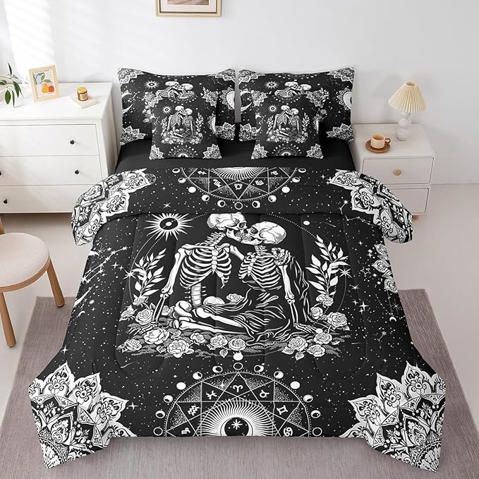Feelyou Gothic Skull Bed in a Bag with Comforter, Twin Size 7Pcs Halloween Themed Bedding Set with Comforter, Women Men Ultra Soft Sugar Skull Comforter Boho Floral Room Decor