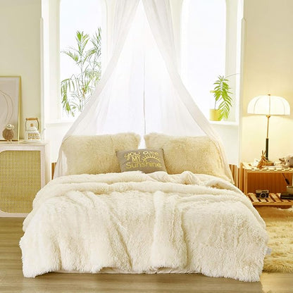 Joyreap 3-Piece Plush Shaggy Comforter Set, Queen Size Luxury Faux Fur Velvet Warm Fluffy Bedding Set for All Season (Cream White, 88x88 inches)