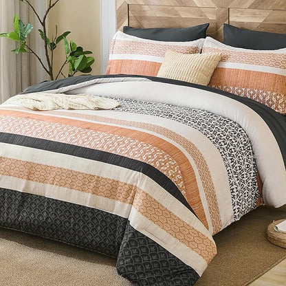 DJY King Size Comforter Set,Boho Striped Bedding Sets,7 Piece Orange Patchwork Soft Microfiber Comforter Set for All Season(90"×90")