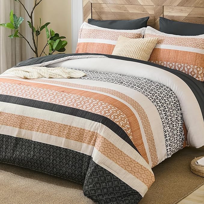DJY Queen Size Comforter Set,Boho Striped Queen Bed Set,7 Piece Orange Patchwork Soft Microfiber Bedding Set for All Season(90"×90")