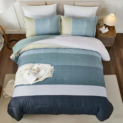 WONGS BEDDING Comforter Set Queen Size, Blue Striped Patchwork Comforter for Queen Bed,3 Pieces (1 Comforter+2 Pillowcases) Soft Microfiber Bedding Set for All Season (90"x90")