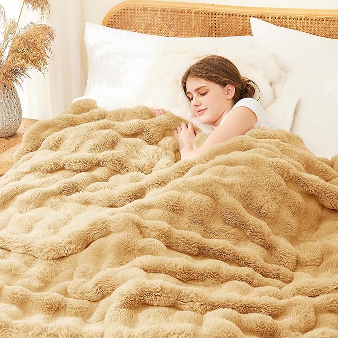 L'AGRATY Faux Rabbit Fur Blanket: 60" x 80" Twin Luxury Soft Fluffy Thick Fur Throw Blanket for Couch Bed - Cozy Plush Bubble Blankets for Winter: Flannel Fleece Decorative Blanket(Milk Tea Brown)